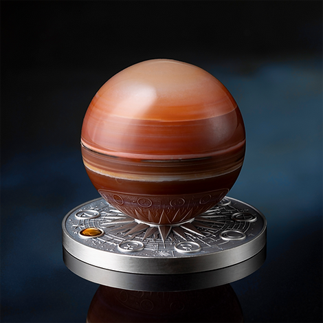 Ghana 2024 10 Cedis MARS Solar System 2 oz Antique Silver Coin Stand & Removable Carnelian Planet Mars