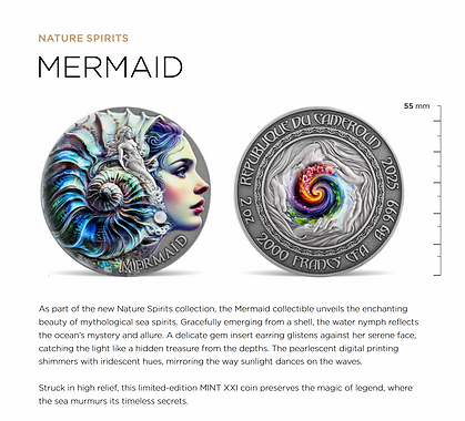 Cameroon 2025 2000 Francs MERMAID- Nature Spirits - 2 oz Antique finish .999 Silver Coin