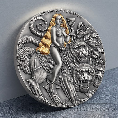 Decorative coin with intricate design featuring a woman, animals, and symbols on a gray background.