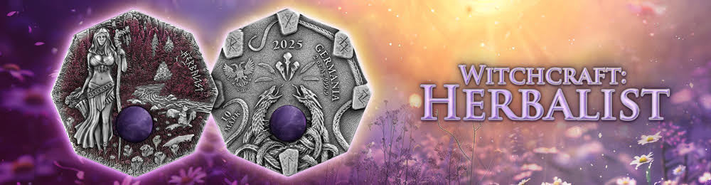 Germania 2025 10 Mark Witchcraft Herbalist 2oz Silver .999 Octagonal Ultra High Relief Coin, Aventurine and UV Effect