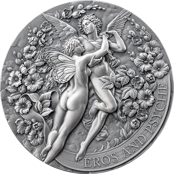Cameroon 2024 2000F Eros and Psyche Celestial Beauty 2 oz Antiqued Silver Coin
