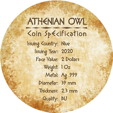 Niue 2020 $2 Ornamental Athenian Owl 1 Oz Silver Coin Swarovski Crystals