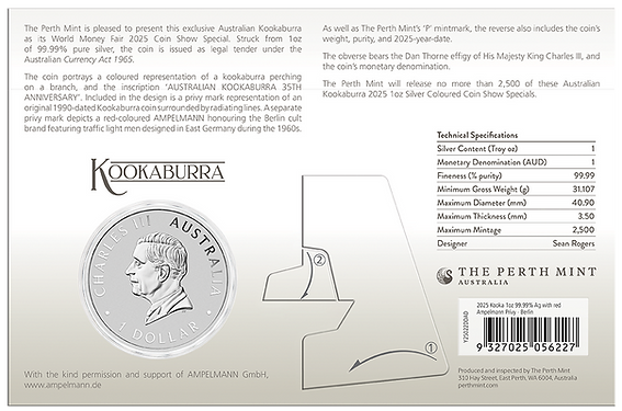 PRE-ORDER Australia 2025 $1 KOOKABURRA WMF Berlin Colorized with Amplemann Privy .9999 1 oz Silver