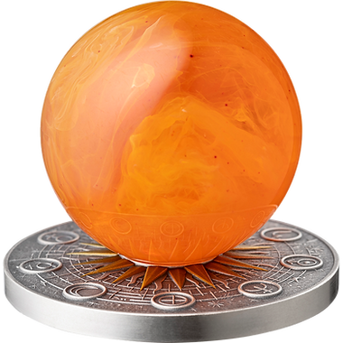 Ghana 2025 10 Cedis SUN Solar System 2 oz Antique Silver Coin Stand & Removable Amber Planet Sun