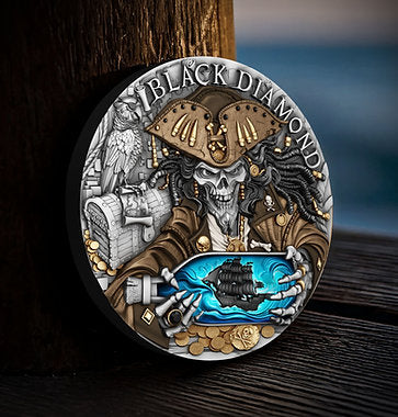 BACK ORDER Niue 2025 $5 BLACK DIAMOND - Pirate Treasure 2oz High Relief .999 Antique Silver Coin