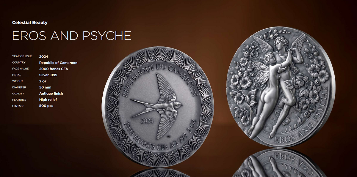 Cameroon 2024 2000F Eros and Psyche Celestial Beauty 2 oz Antiqued Silver Coin