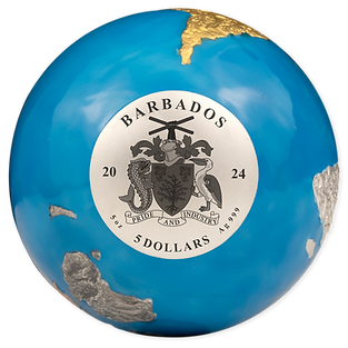 Barbados 2024 $5 BLUE MARBLE Planet Earth HUGE 5 Oz .999 Coloured Antique Silver Coin Glow in the Dark