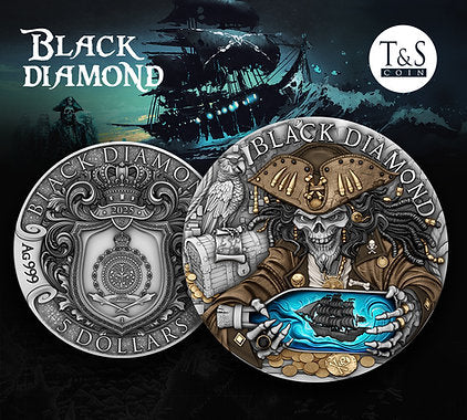 BACK ORDER Niue 2025 $5 BLACK DIAMOND - Pirate Treasure 2oz High Relief .999 Antique Silver Coin