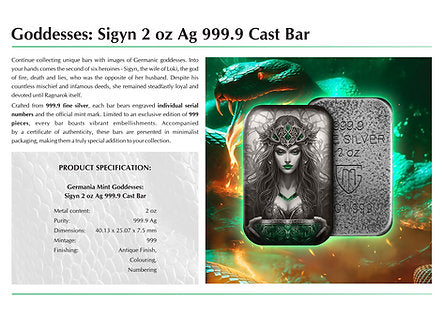 Germania Mint 2024 Goddesses: SIGYN- 2 oz 999.9 Antique Silver Cast Bar