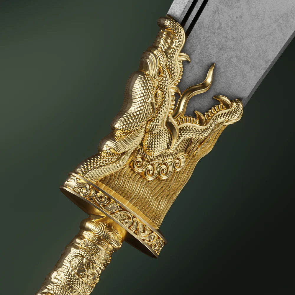 Decorative sword with gold handle and dragon design on a dark background