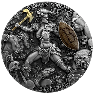 Niue 2024 $5 BARBARIAN Woman Warriors 2 oz High Relief Coloured Antique Silver