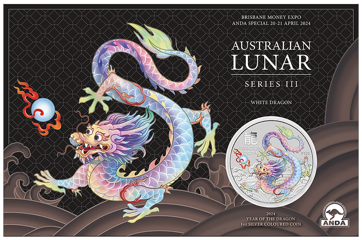 Australia Lunar Series III 2024 $1 Year of the White Dragon 1oz .9999 Silver in Card ANDA Edition Perth Mint