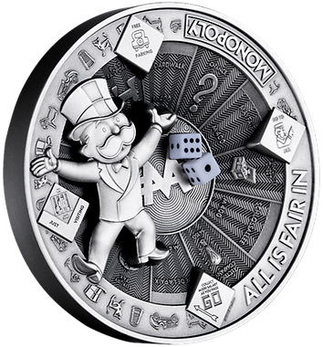 Silver coin featuring a cartoon character with dice and gameboard design