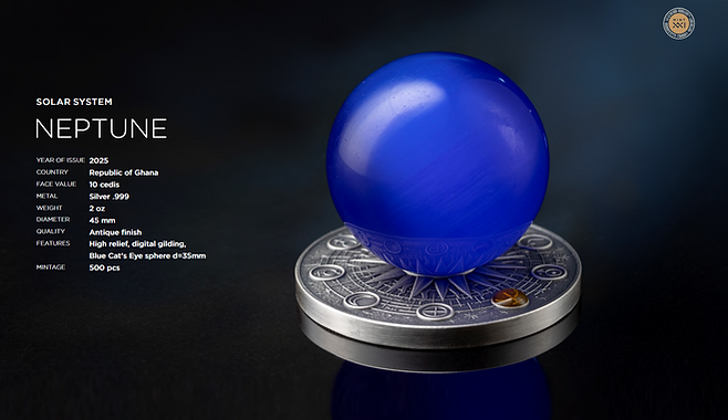 Ghana 2025 10 Cedis NEPTUNE Solar System 2 oz Antique .999 Silver Coin Stand & Removable Blue Cat's Eye Planet Neptune