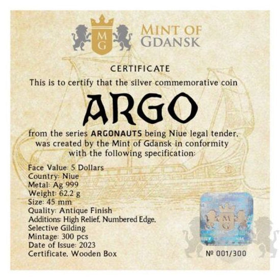 Argo Ship - Argonauts 2 oz .999 High Relief Silver 5$ Niue 2024