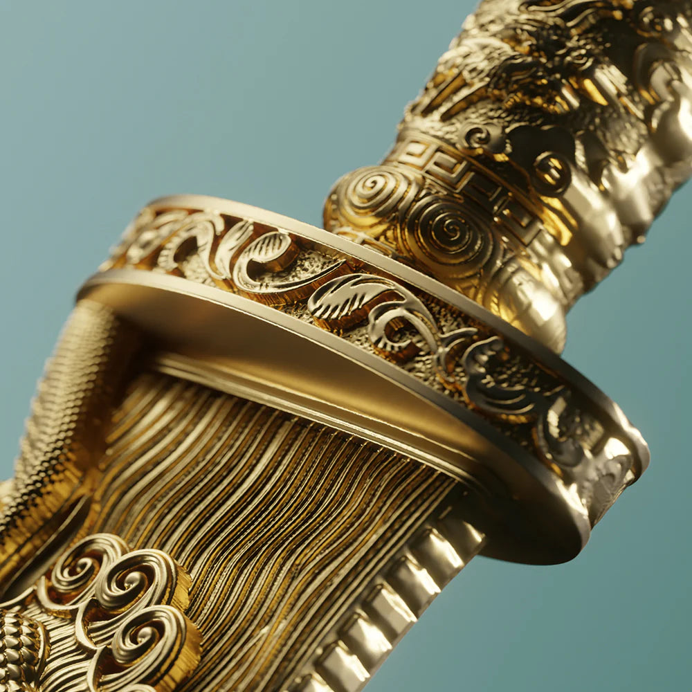 Close-up of a gold and silver ornate dagger handle against a teal background