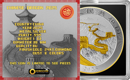 People's Republic of China PRC 2025 - / 10 Yuan CHINESE DRAGON Diamond Dust 1 Oz Silver Coin