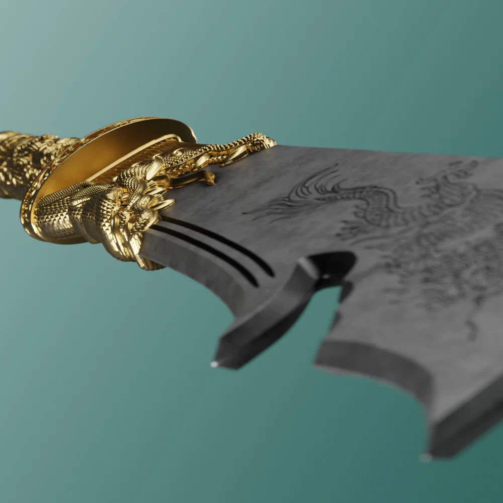 Decorative dagger with gold handle and engraved blade on a teal background