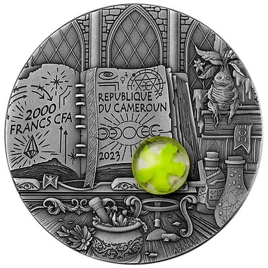 Cameroon 2023 2000 Francs CFA Wizard 2 oz .999 Antique Silver High Relief Fluorescent Silver Coin
