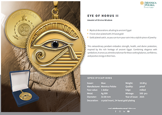 Niue 2025 $1 EYE OF HORUS II - 24kt Gold Glided .999 Silver Coin and Pendant with Crystal