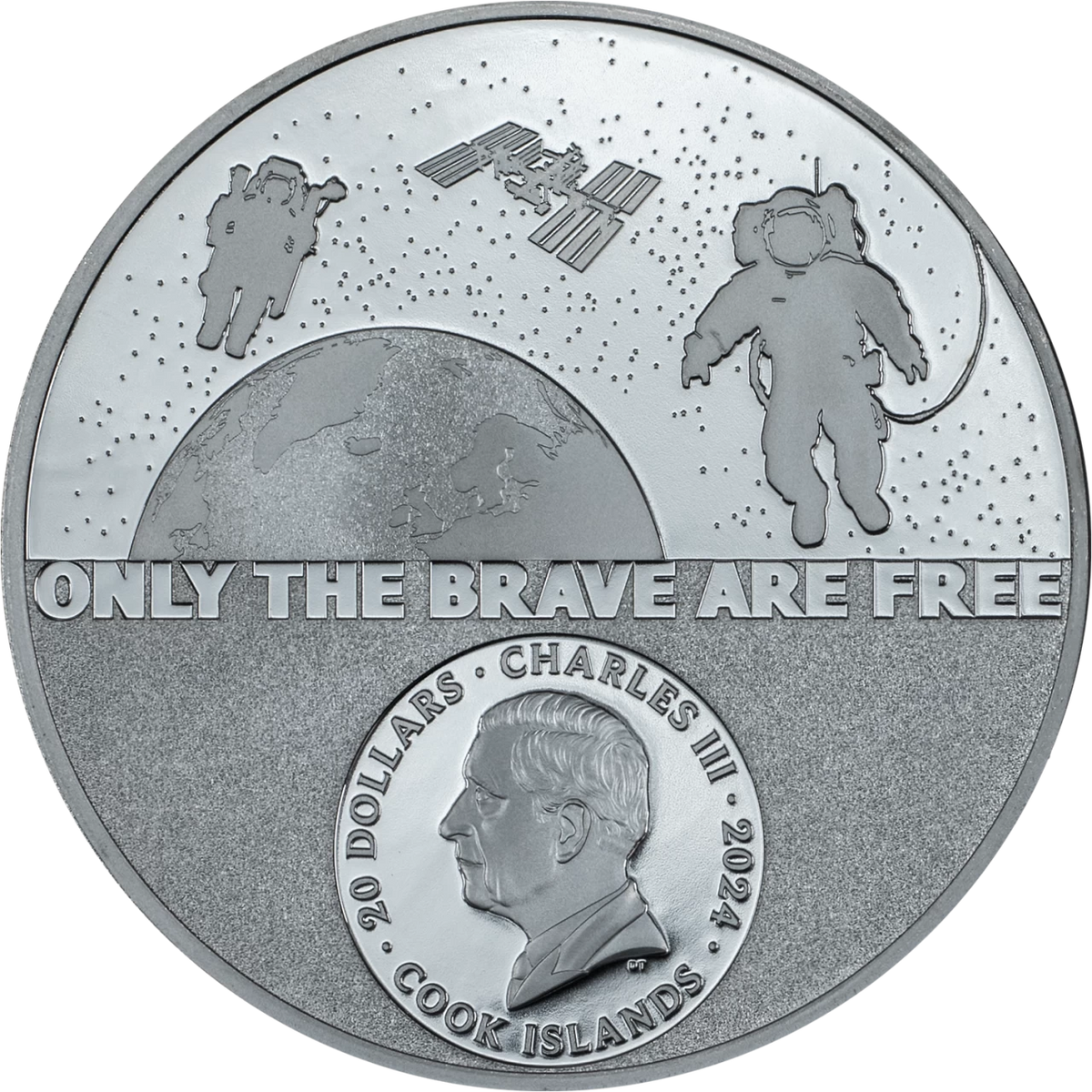 Cook Islands 2024 $20 Astronaut - Real Heroes – Only the Brave are Free - 3 Oz Pure Silver Black Proof Coin CIT Smartminting®