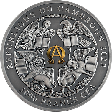 Silver coin with detailed design and text 'Republique du Cameroun 2022' on a white background