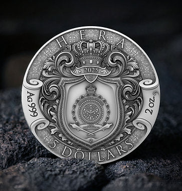 Niue 2025 $5 HERA - Divine Beauty Series - 2 Oz .999 Silver Coin with 23 x Aquamarine embedded Crystals