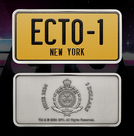 Niue 2024 $5 Ghostbusters™ Ecto-1 License Plate Shaped 2 oz .999 Silver Antiqued Coloured Coin