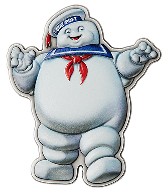 Niue 2024 $5 Ghostbusters™ Stay Puft Marshmallow Man Shaped 2oz .999 Silver Antiqued Coloured Coin