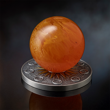 Ghana 2025 10 Cedis SUN Solar System 2 oz Antique Silver Coin Stand & Removable Amber Planet Sun