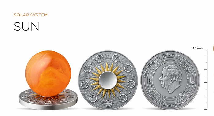 Ghana 2025 10 Cedis SUN Solar System 2 oz Antique Silver Coin Stand & Removable Amber Planet Sun