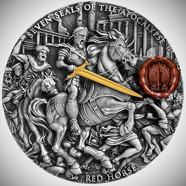 Niue 2025 $7 RED HORSE of VICTORY Seven Seals of the Apocalypse 3 Oz .999 Coloured and Gilded Antique Silver Coin