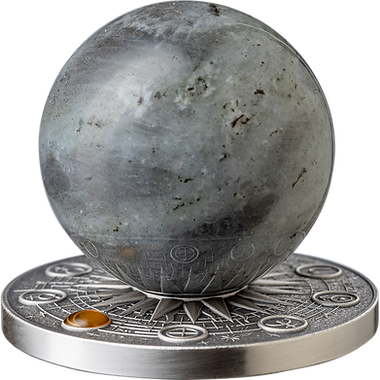 Ghana 2025 10 Cedis MOON Solar System 2 oz Antique .999 Silver Coin Stand & Removable Labradorite Moon