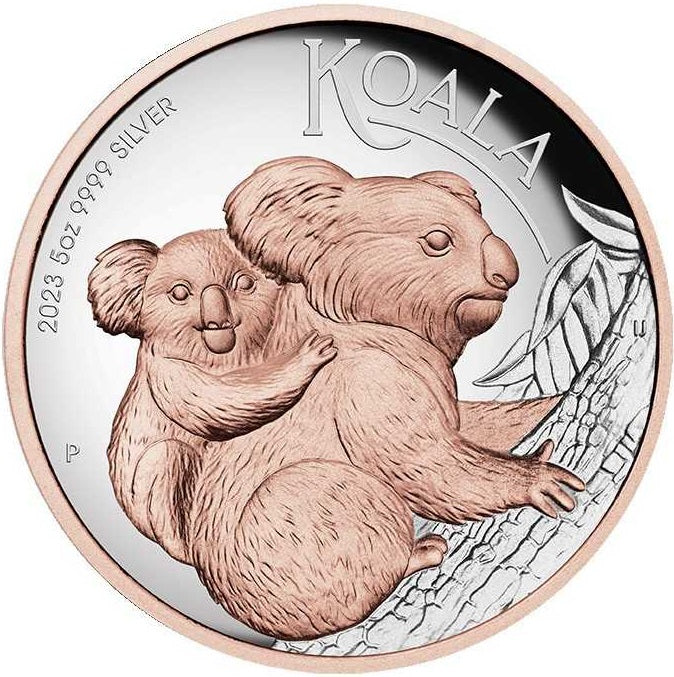 Australia 2023 $8 AUSTRALIAN KOALA 5 Oz .9999 Silver Coin Rose Gold Gilding