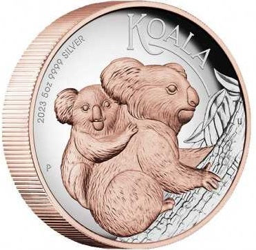 Australia 2023 $8 AUSTRALIAN KOALA 5 Oz .9999 Silver Coin Rose Gold Gilding