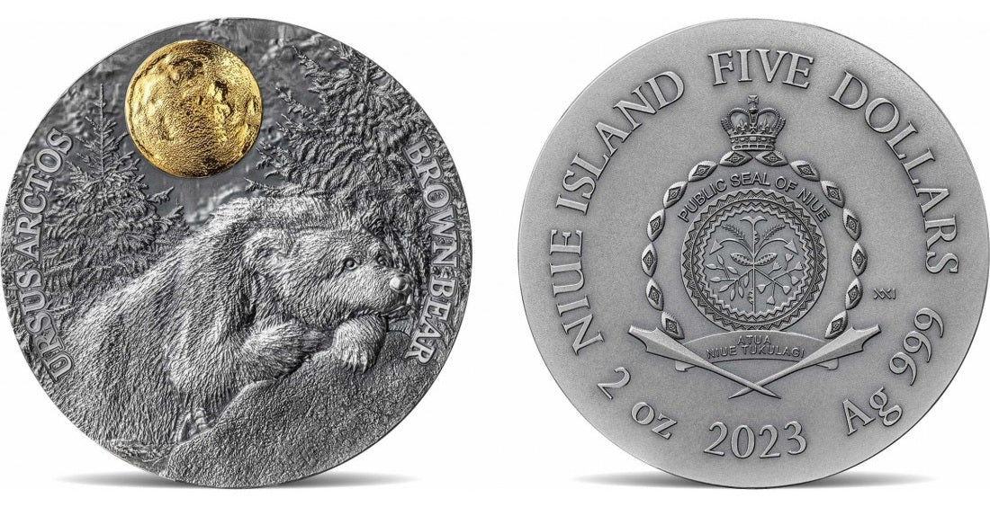 Niue 2023 $5 BROWN BEAR Wildlife in the Moonlight 2 Oz .999 Antique Silver Coin