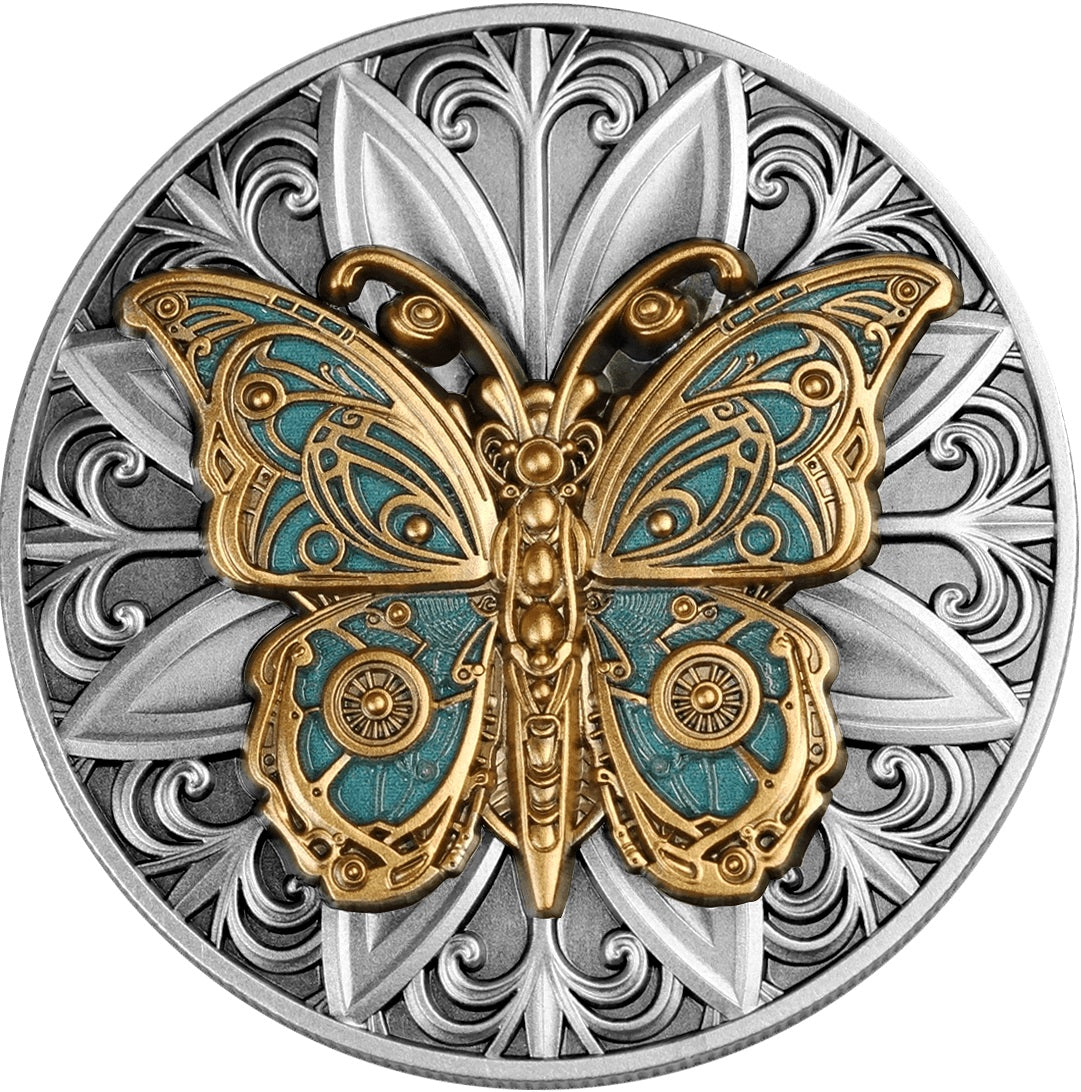 Niue 2023 $5 BUTTERFLY PUNK ART 2oz Antique Coloured Silver Coin Reverse