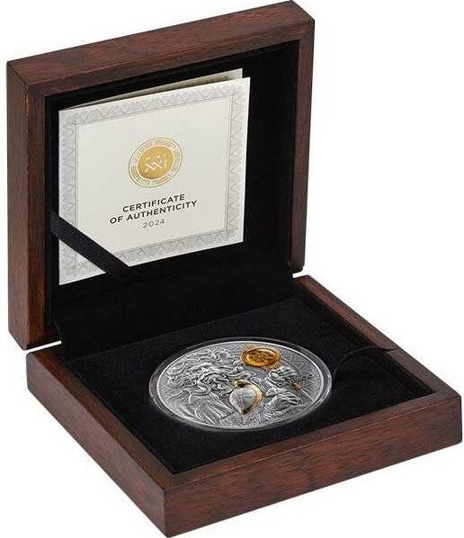 Niue 2024 $5 DAZHBOG Divine Faces Of The Sun 3oz Gilded Antique Silver Coin