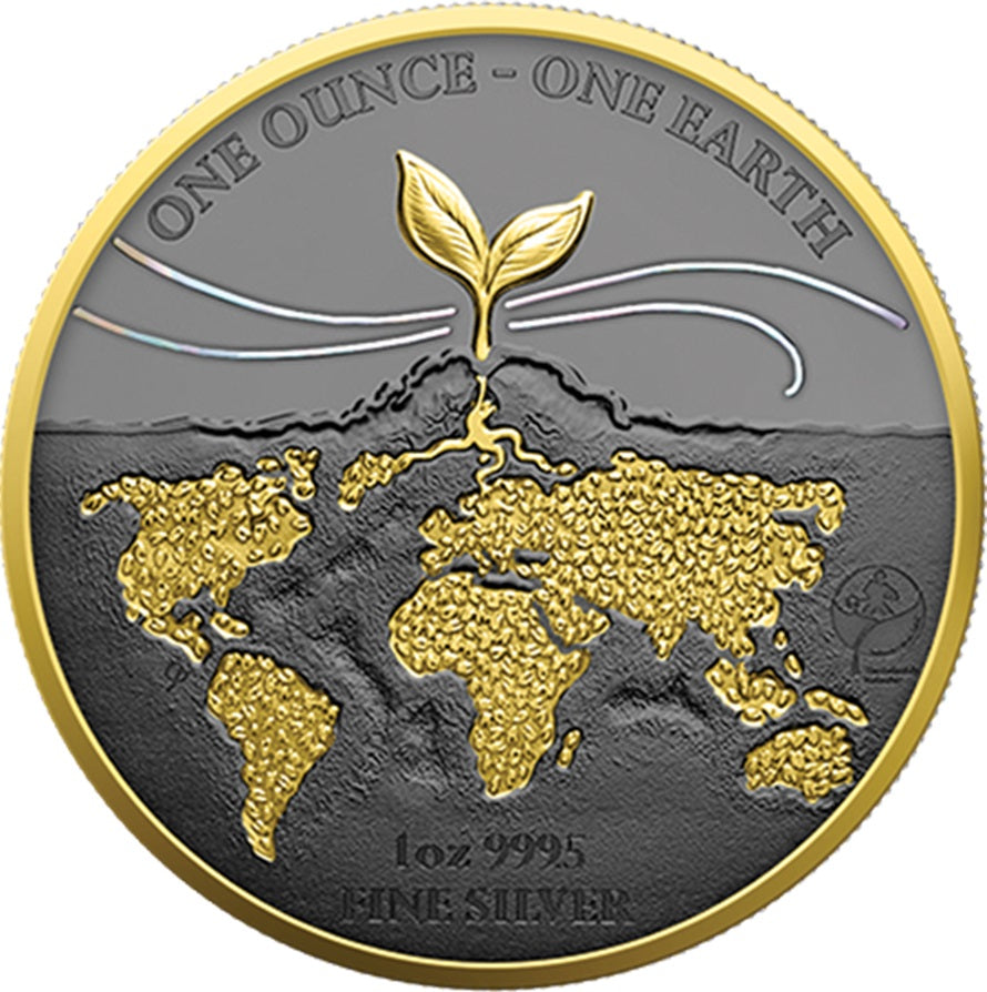 Fiji 2022 $1 EARTH Black Rhuthenium and Gilded 1 oz Silver Coin
