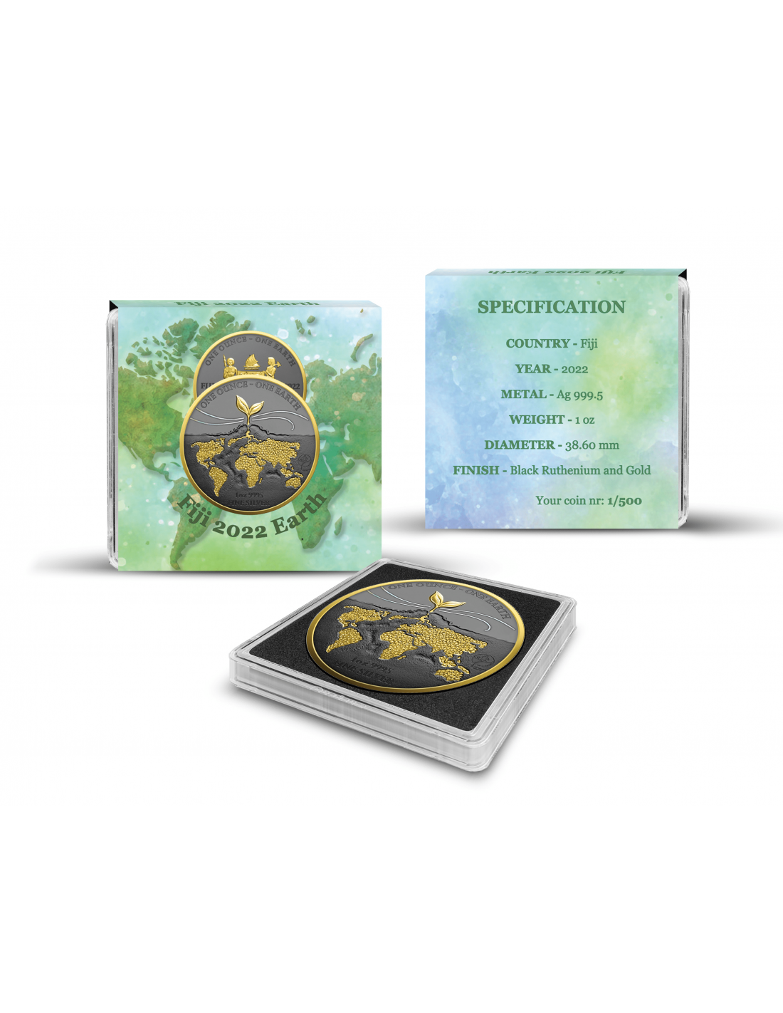 Fiji 2022 $1 EARTH Black Rhuthenium and Gilded 1 oz Silver Coin