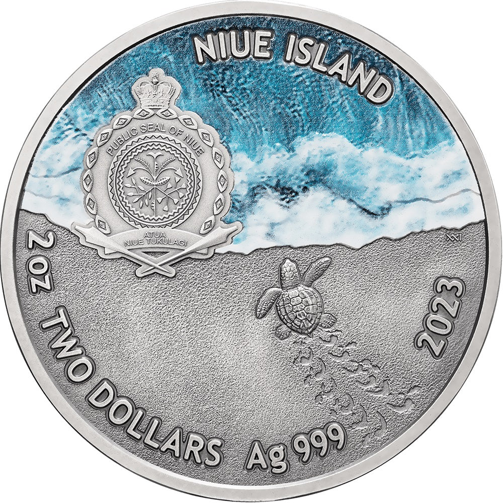 Niue 2023 $2 Loggerhead Sea Turtle Lifelong Journey oz Antique Finish Silver Coin 500 Made Obverse