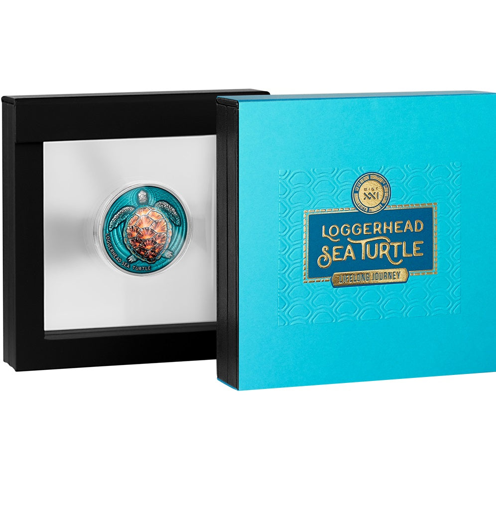Niue 2023 $2 Loggerhead Sea Turtle Lifelong Journey oz Antique Finish Silver Coin 500 Made Shipper and Display Case