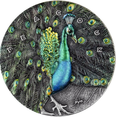 Niue 2022 $7 Peacock - Amazing Animals 3 Oz Coloured Antique Silver Coin