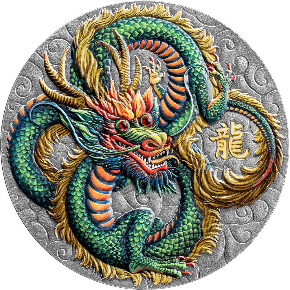 Niue 2024 $10 POWER OF GREEN DRAGON 5 oz .999 Coloured Antique Silver Coin