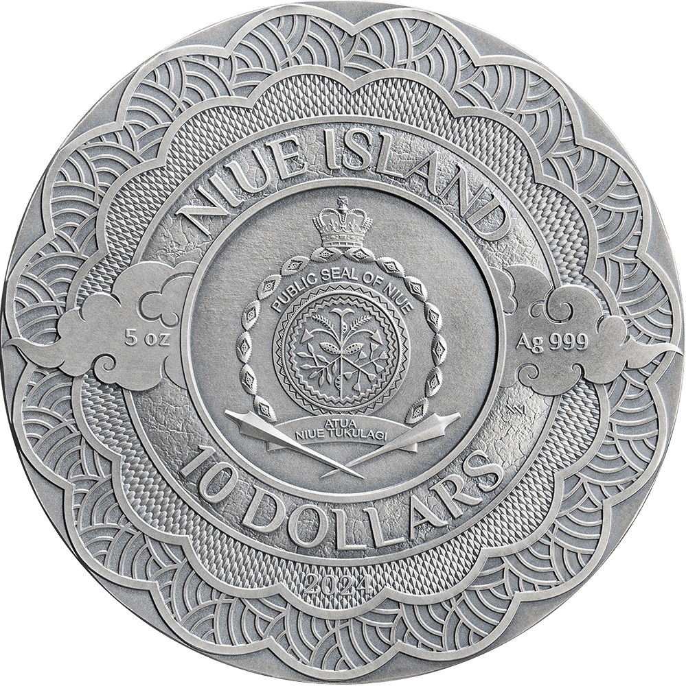 Niue 2024 $10 POWER OF GREEN DRAGON 5 oz .999 Coloured Antique Silver Coin