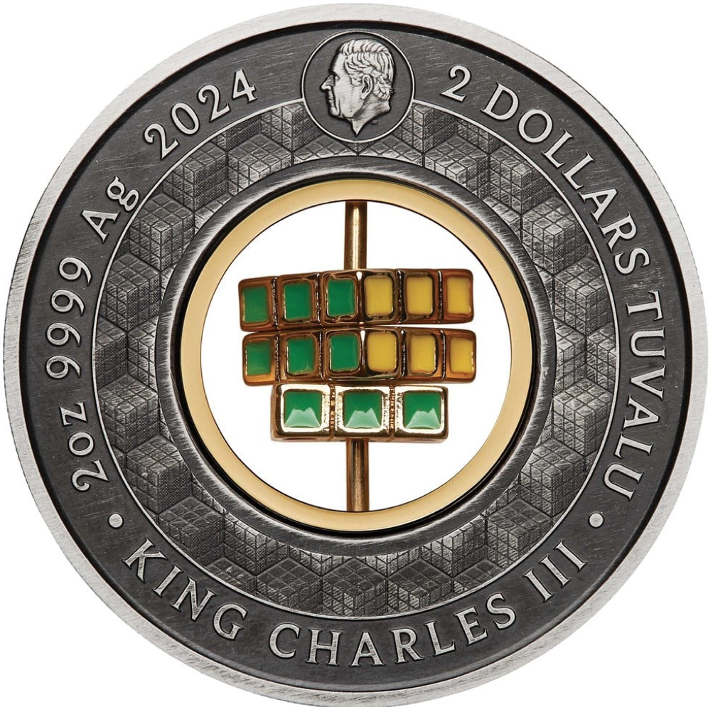 Australia 2024 $2 Rubik Cube 50th Anniversary 2oz .9999 Silver Antiqued 24k Gold Plated Coloured Coin Perth Mint