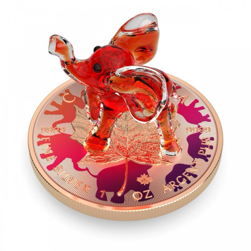 Canada 2022 $5 RED ELEPHANT Murano Glass Series Maple Leaf 1 oz .9999 Colourised Silver