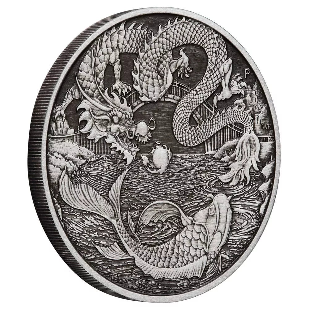 Australia 2023 $1 Chinese Myths and Legends Dragon and Koi 1oz .9999 Silver Antiqued Coin in Card