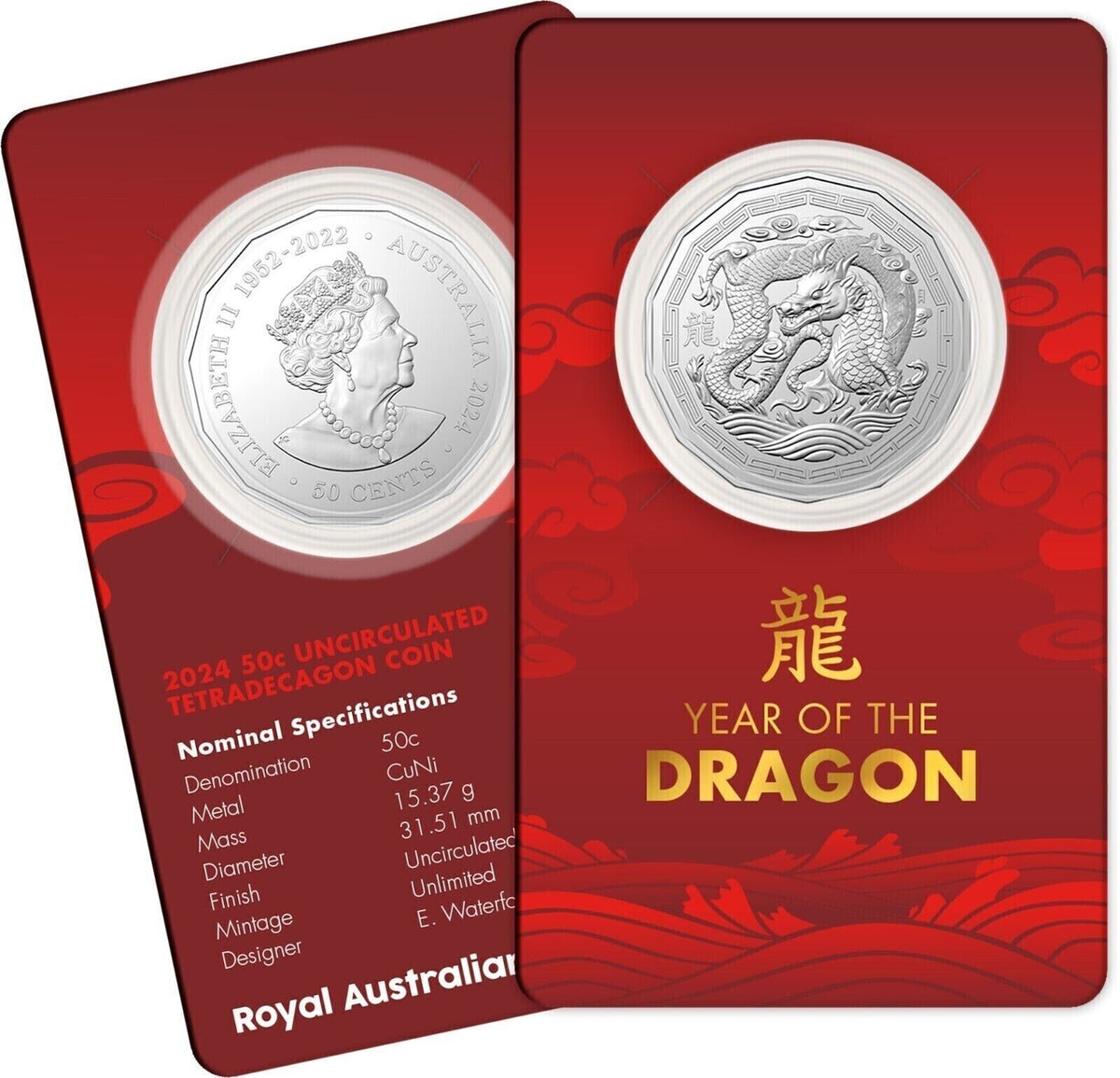 Australia 2024 50 Cent LUNAR YEAR OF THE DRAGON Tetradecagon Uncirculated Coin in Card