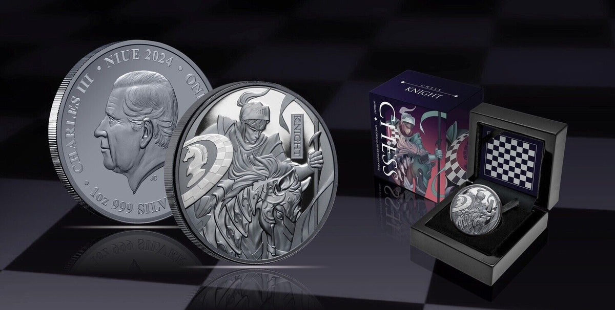 Niue 2024 $1 Chess Knight Armored Horse 1 Oz Pure Silver Black Proof OGP MINTAGE 999